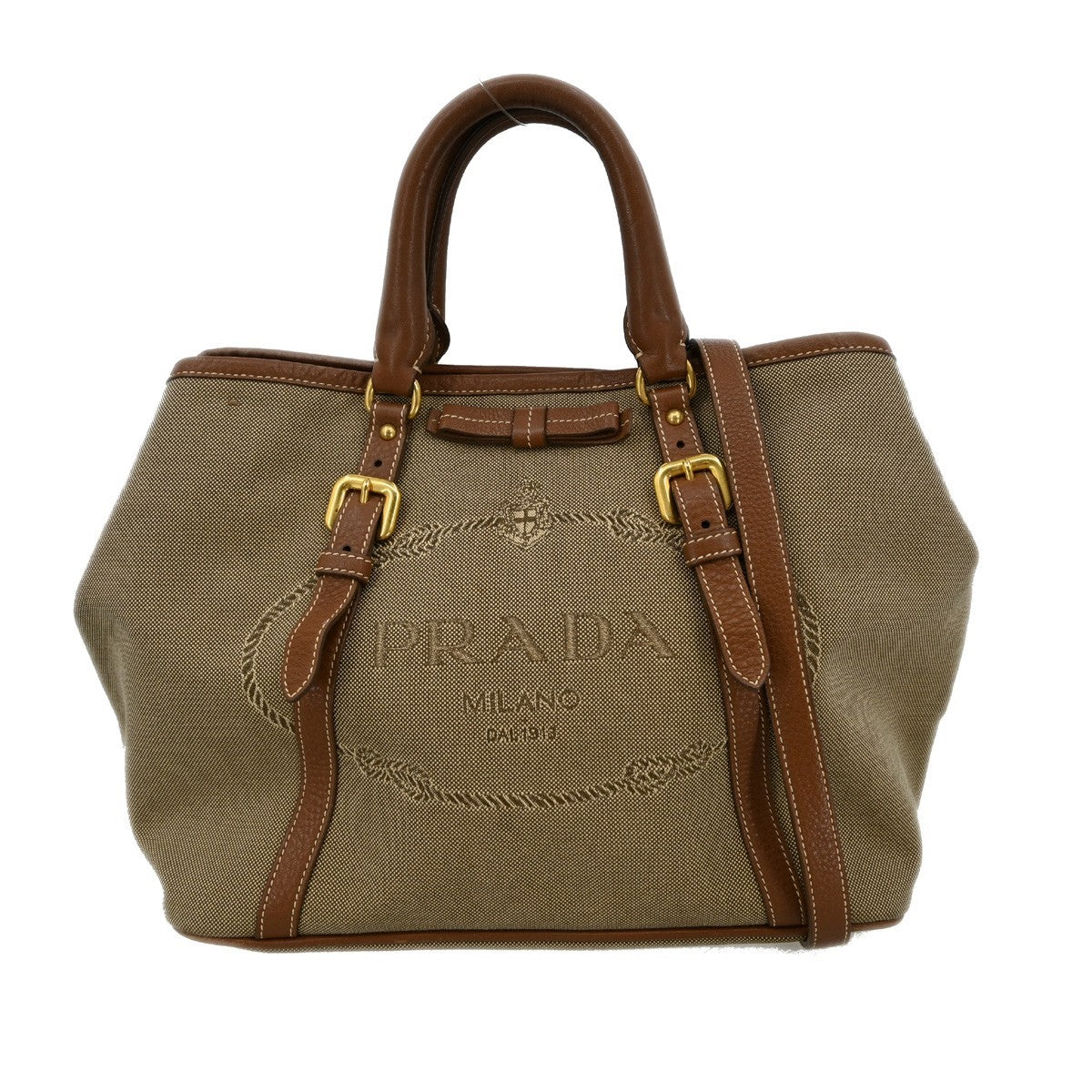 Prada Logo Convertible Tote Canvas With Leather Beige Canvas Tote Bag Bag (Pre-Owned)