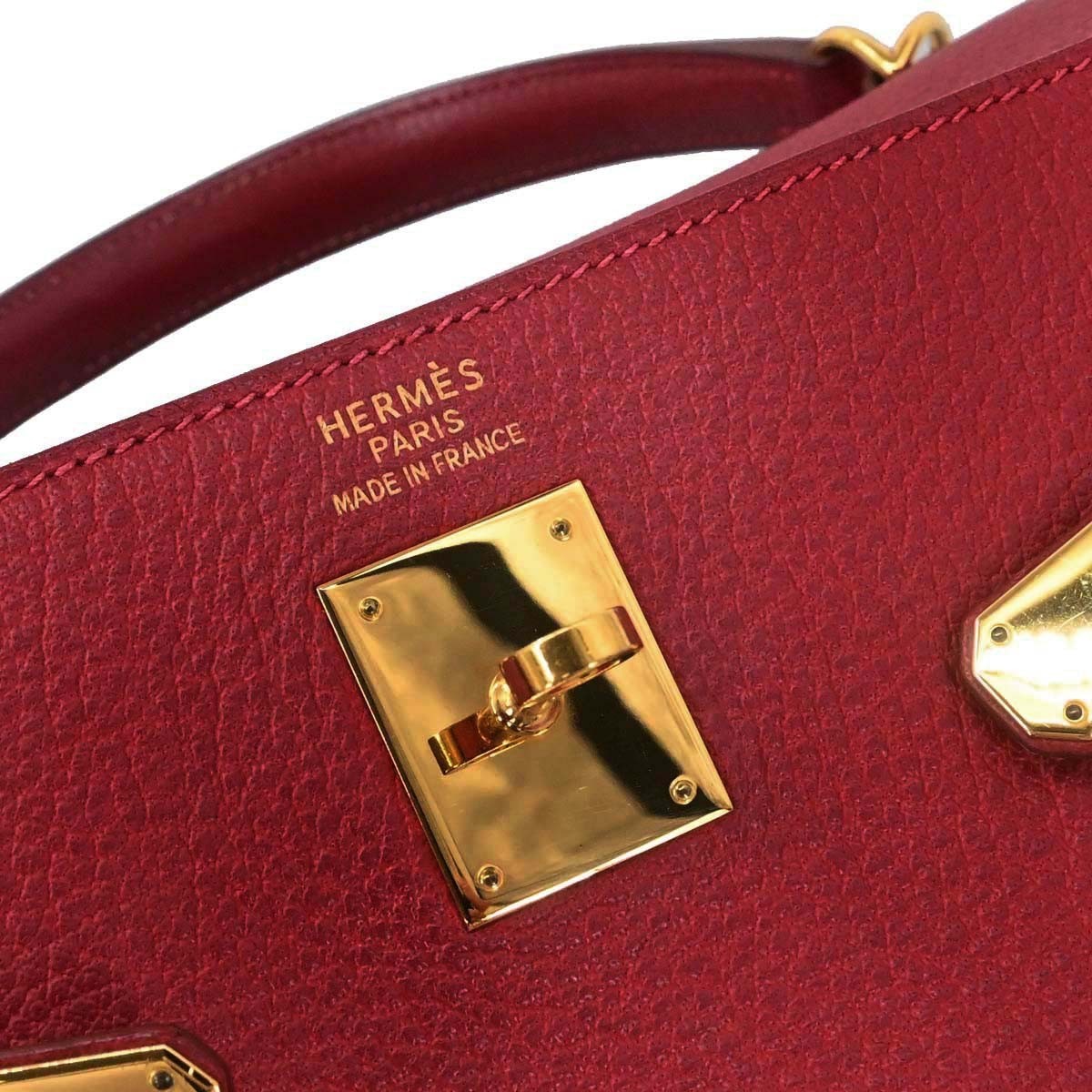Hermes Kelly Handbag Red Clemence With Gold Hardware Red Leather Handbag (Pre-Owned)