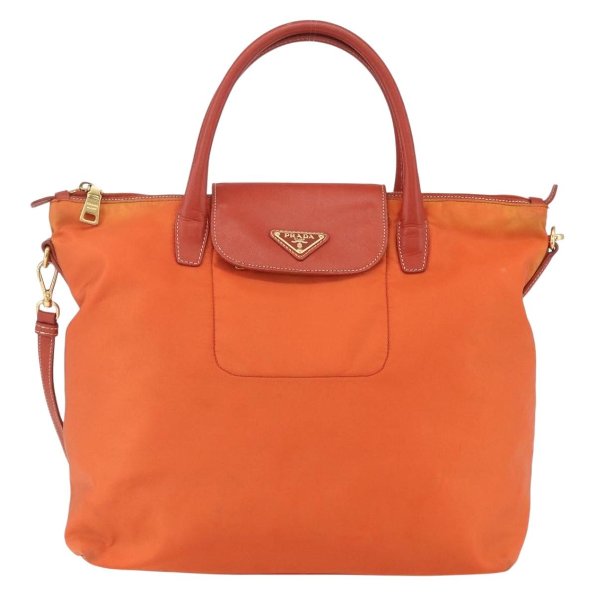 Prada Convertible Flap Tote Tessuto And Saffiano Leather Orange Nylon Tote Bag Bag (Pre-Owned)