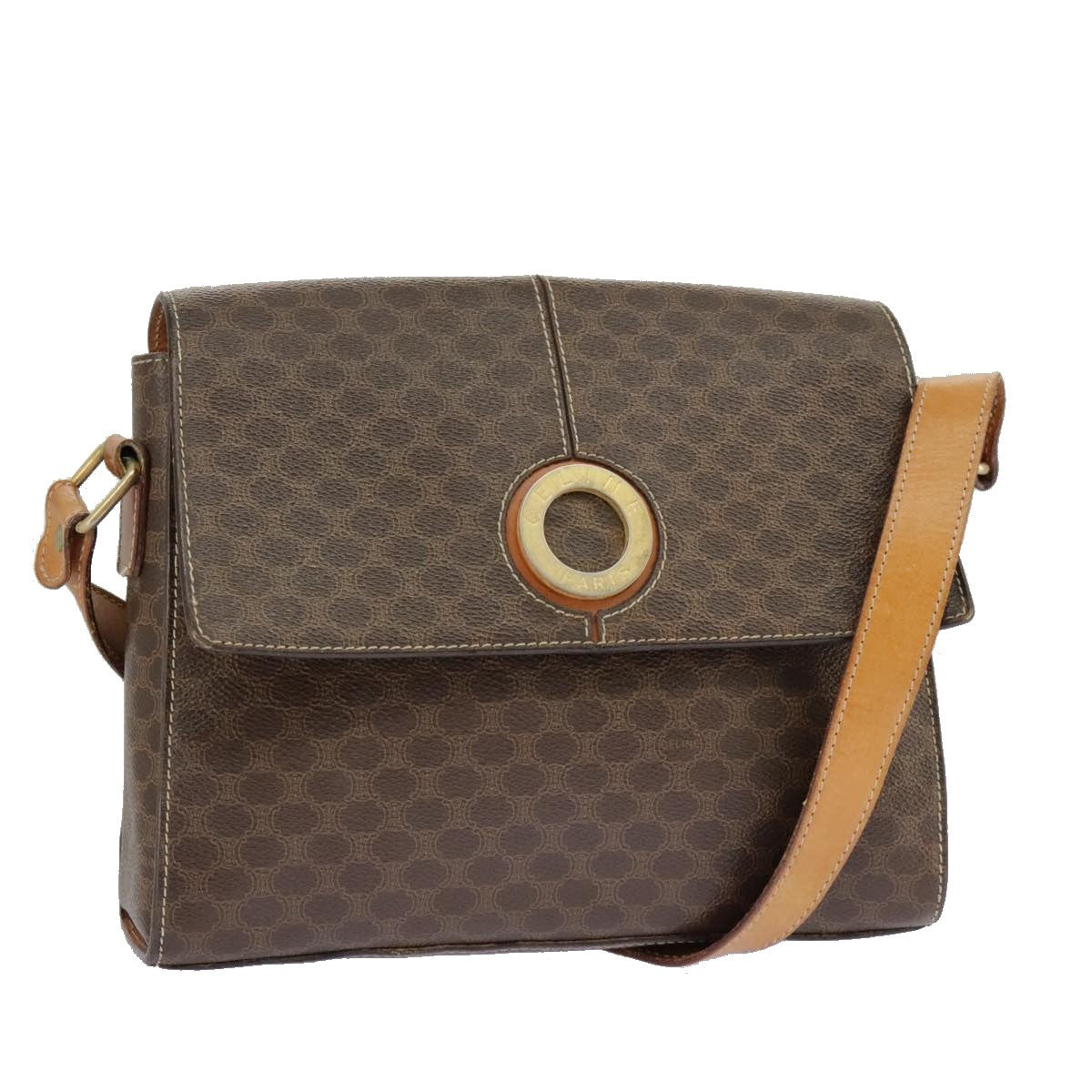 Celine Vintage Macadam Circle Logo Shoulder Bag Canvas And Leather Brown Canvas Shoulder Bag Bag (Pre-Owned)