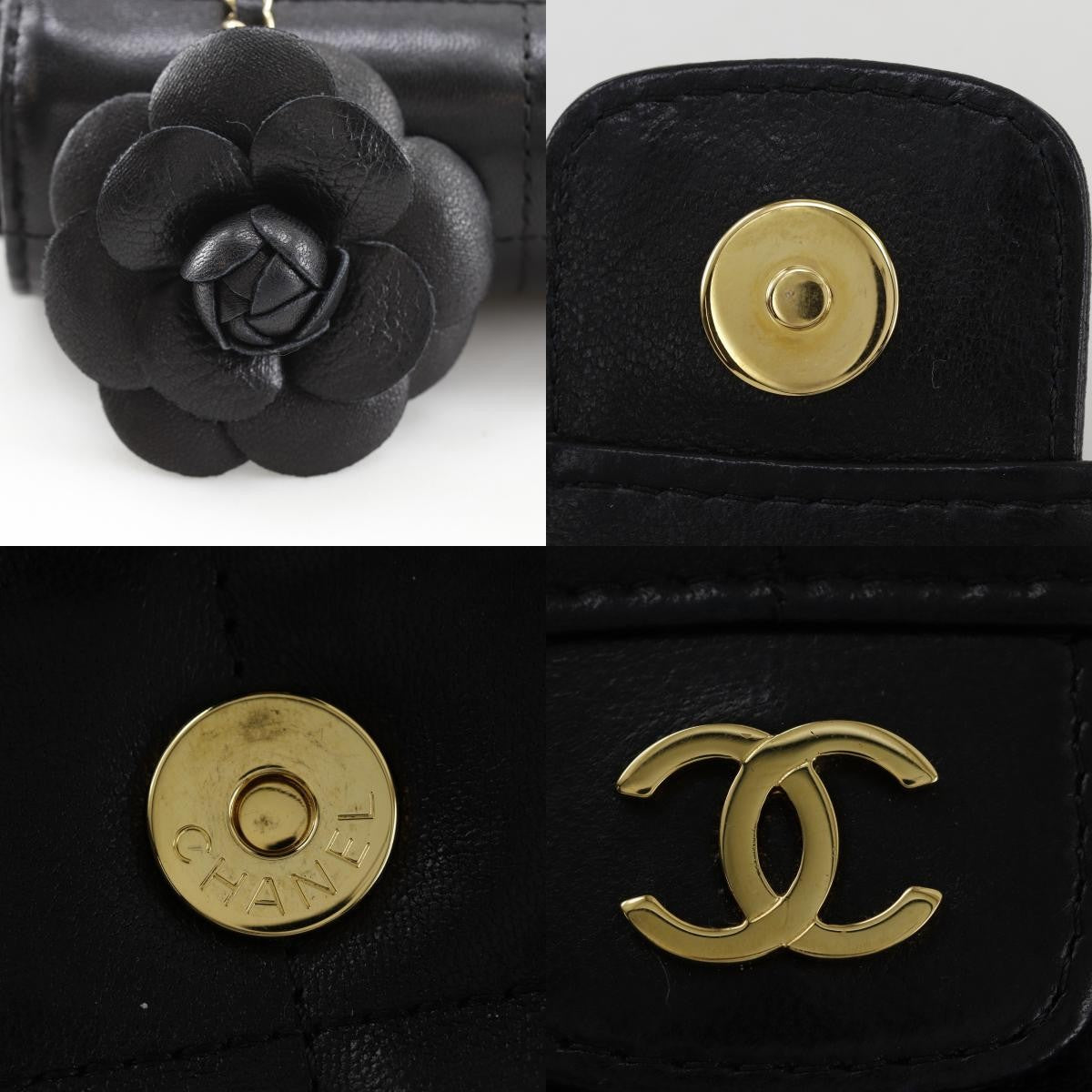 Chanel Camellia Chocolate Bar Flap Bag Quilted Lambskin Black Leather Shoulder Bag Bag (Pre-Owned)