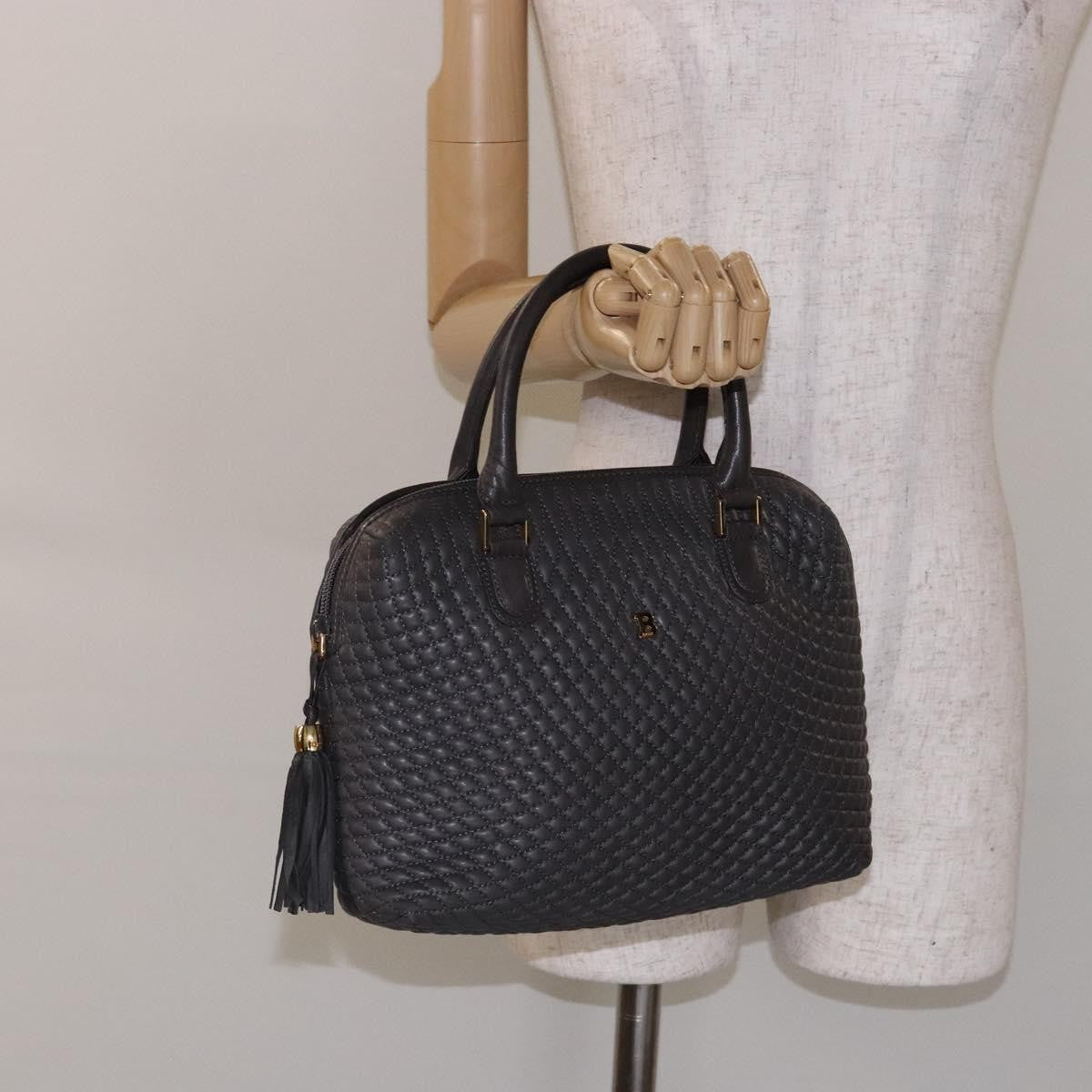 Bally Vintage Handbag Quilted Leather Gray Leather Handbag (Pre-Owned)