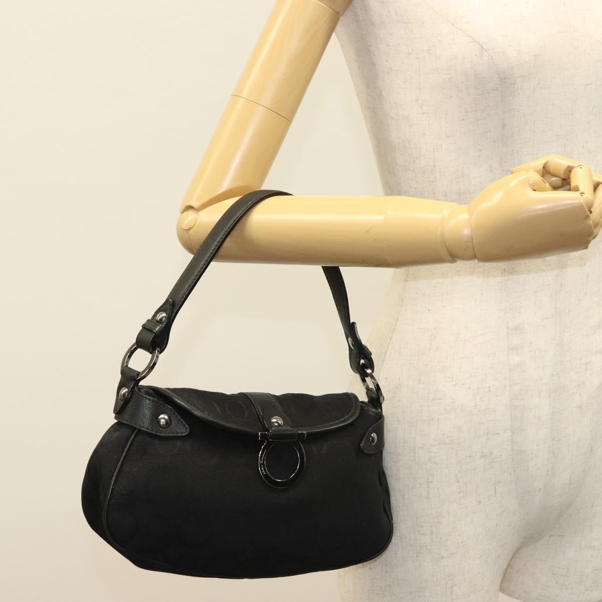 Salvatore Ferragamo Gancini Handbag Canvas Black Canvas Handbag (Pre-Owned)