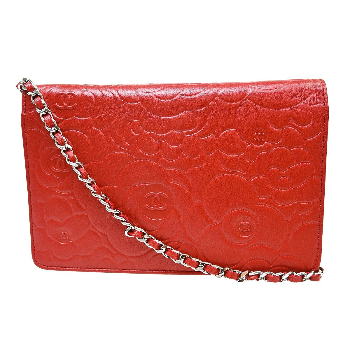 Chanel Wallet On Chain Camellia Lambskin Red Leather Clutche & Pouche Bag (Pre-Owned)
