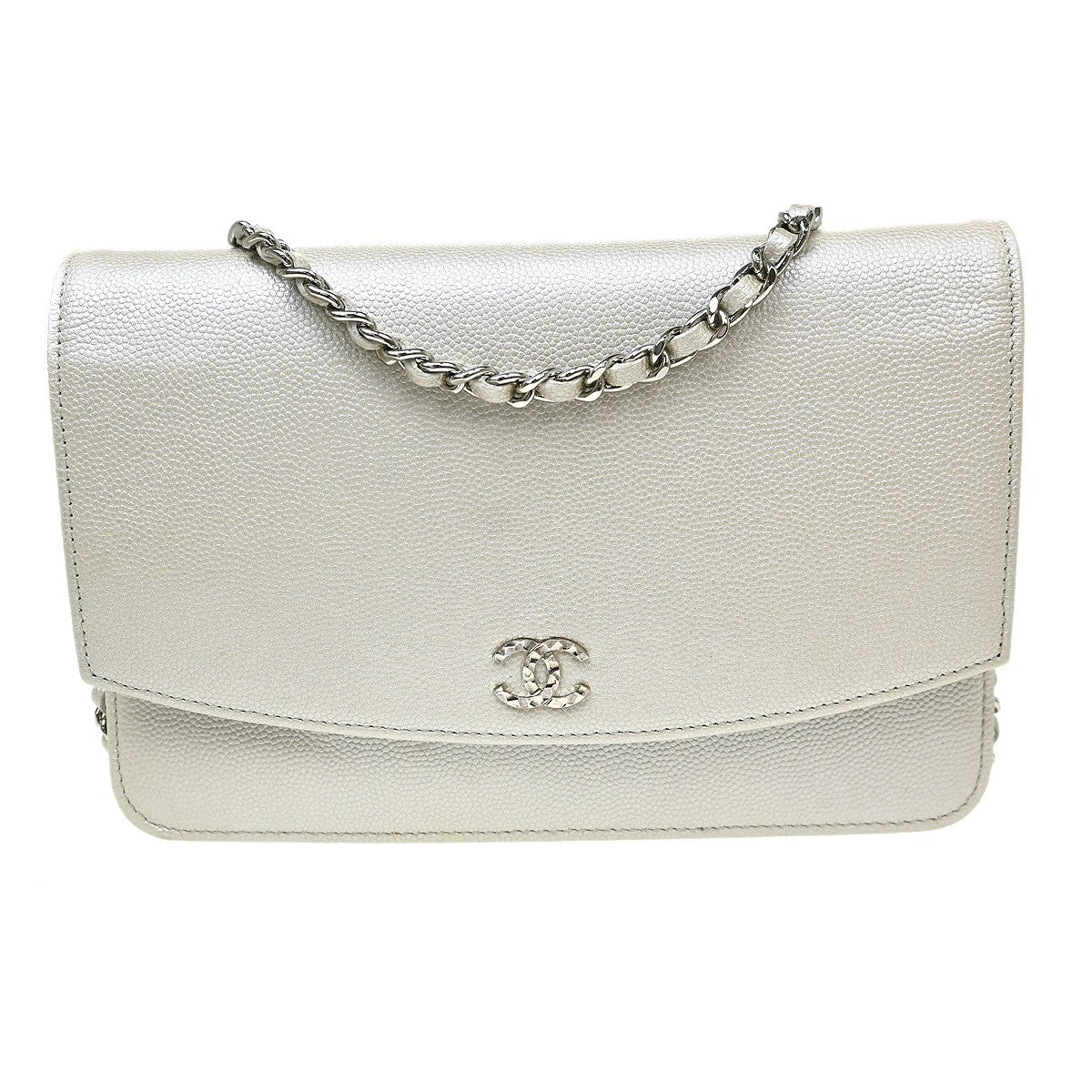 Chanel Timeless Wallet On Chain Textured Leather Silver Leather Wallets Accessory (Pre-Owned)