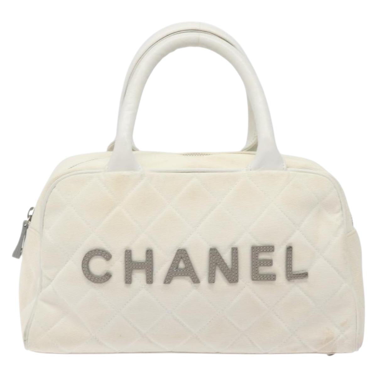 Chanel Vintage Logo Bowler Bag Quilted Canvas White Canvas Handbag (Pre-Owned)