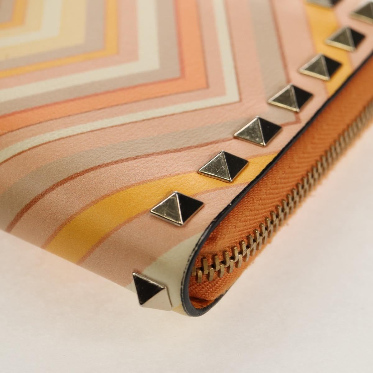 Valentino Garavani Rockstud Zip Around Wallet Striped Leather Orange Leather Wallets Accessory (Pre-Owned)
