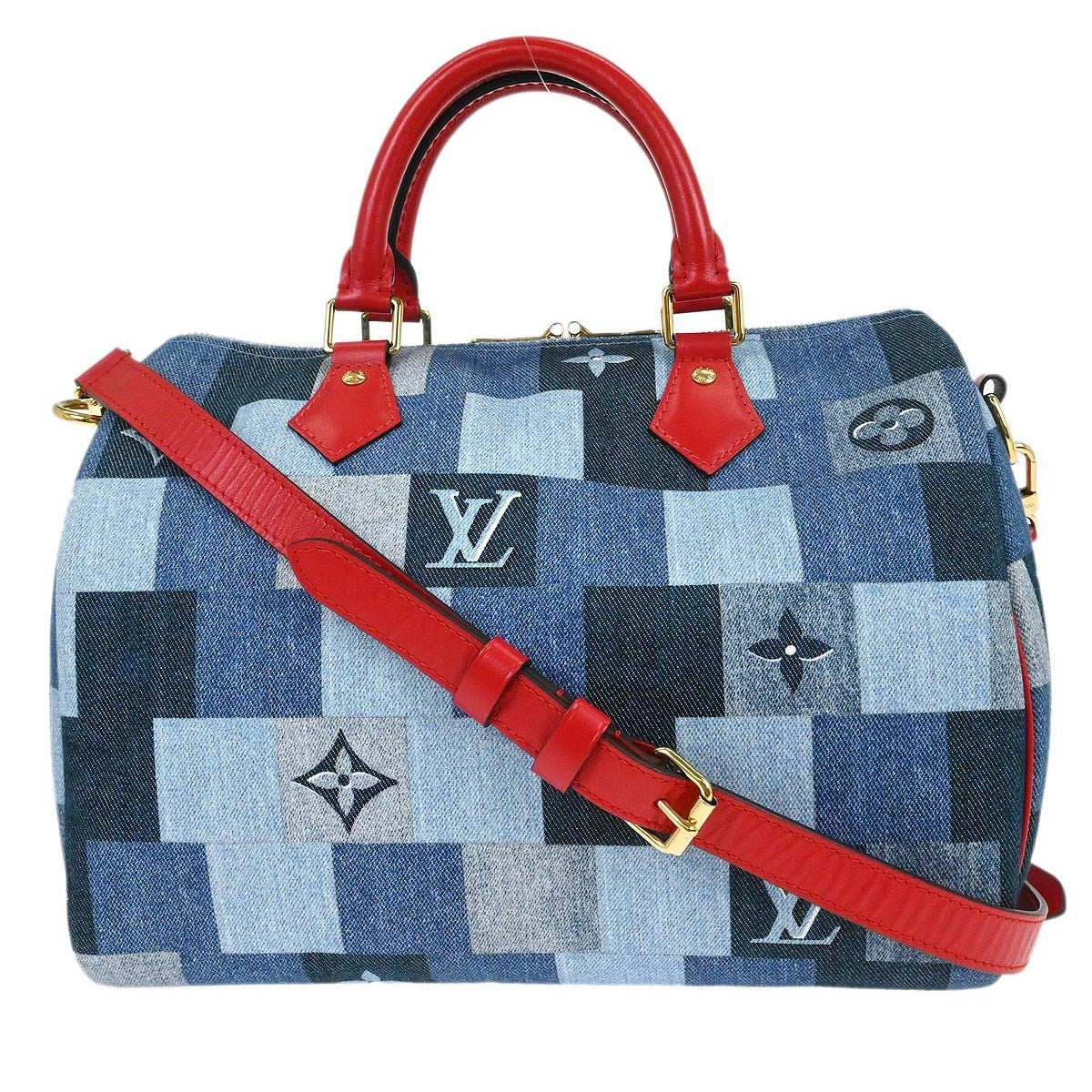 Louis Vuitton Speedy Bandouliere Bag Damier And Monogram Patchwork Denim Blue Denim_Jeans Handbag (Pre-Owned)