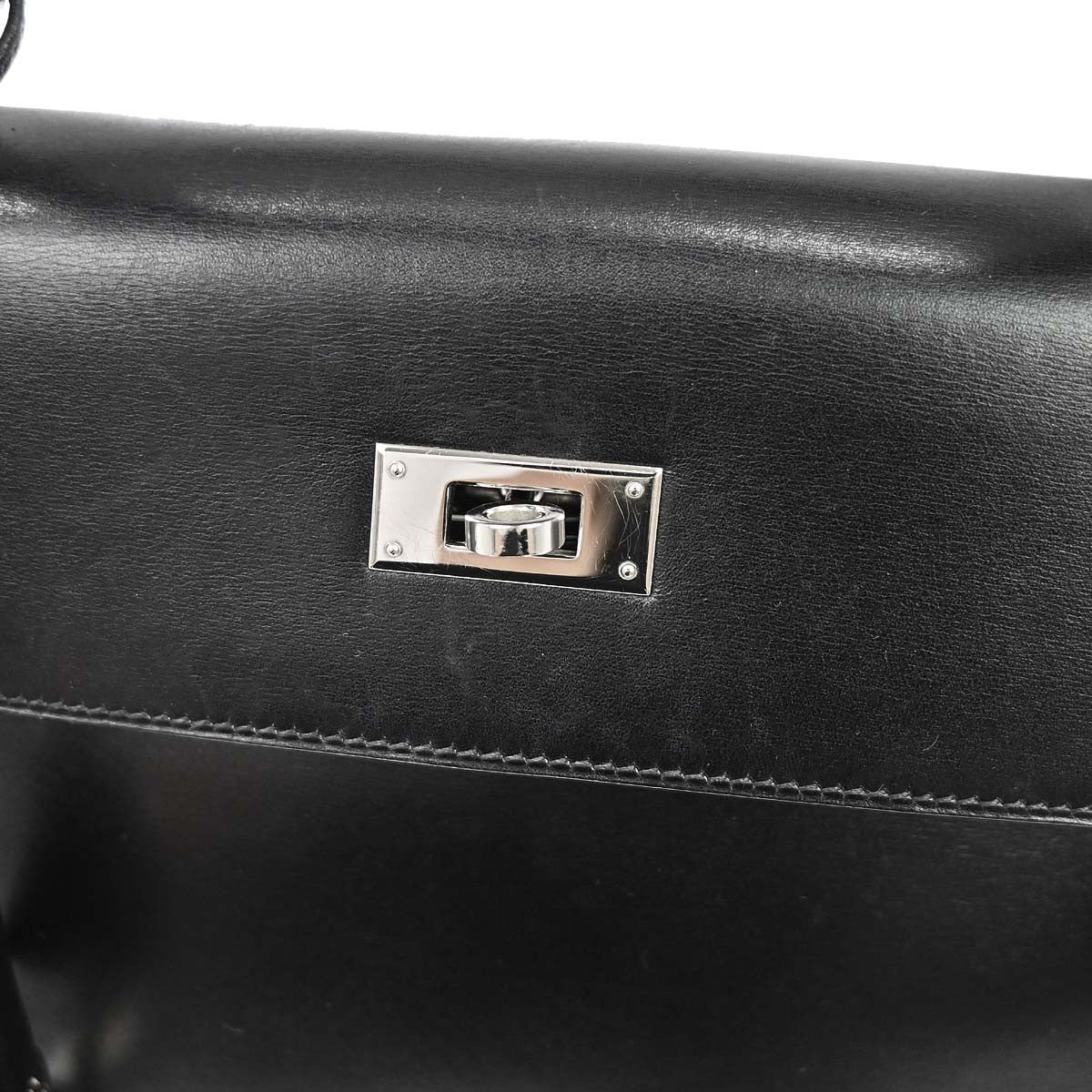 Hermes Kelly Handbag Black Box Calf With Palladium Hardware Black Leather Handbag (Pre-Owned)