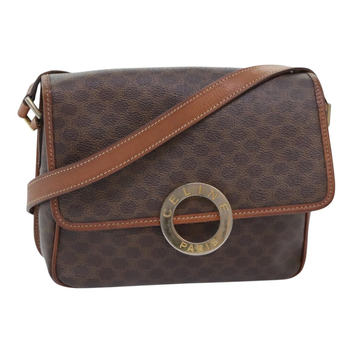 Celine Vintage Macadam Circle Logo Shoulder Bag Canvas And Leather Brown Canvas Shoulder Bag Bag (Pre-Owned)