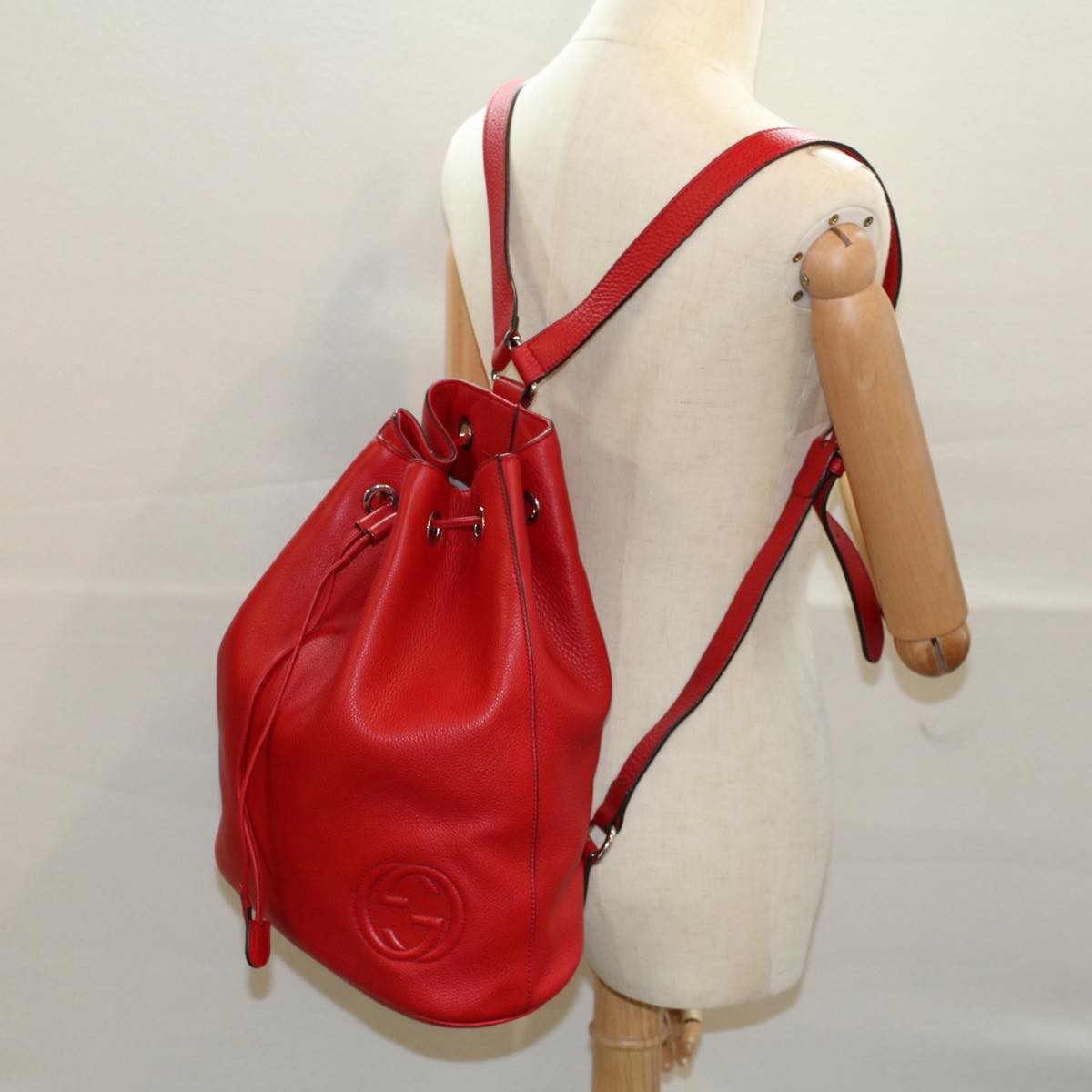 Gucci Soho Drawstring Backpack Leather Red Leather Backpack Bag (Pre-Owned)