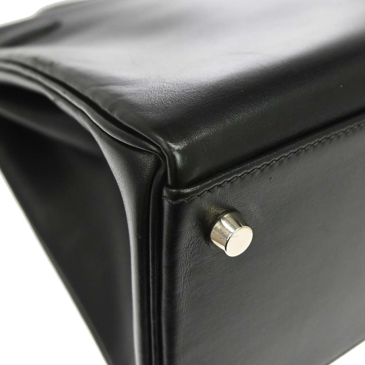 Hermes Kelly Handbag Black Box Calf With Palladium Hardware Black Leather Handbag (Pre-Owned)