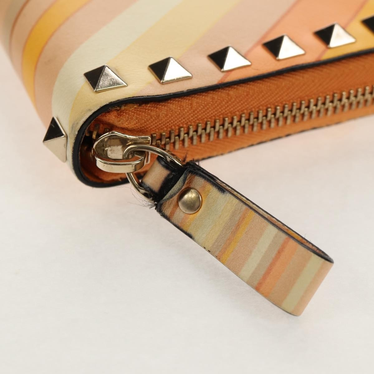 Valentino Garavani Rockstud Zip Around Wallet Striped Leather Orange Leather Wallets Accessory (Pre-Owned)