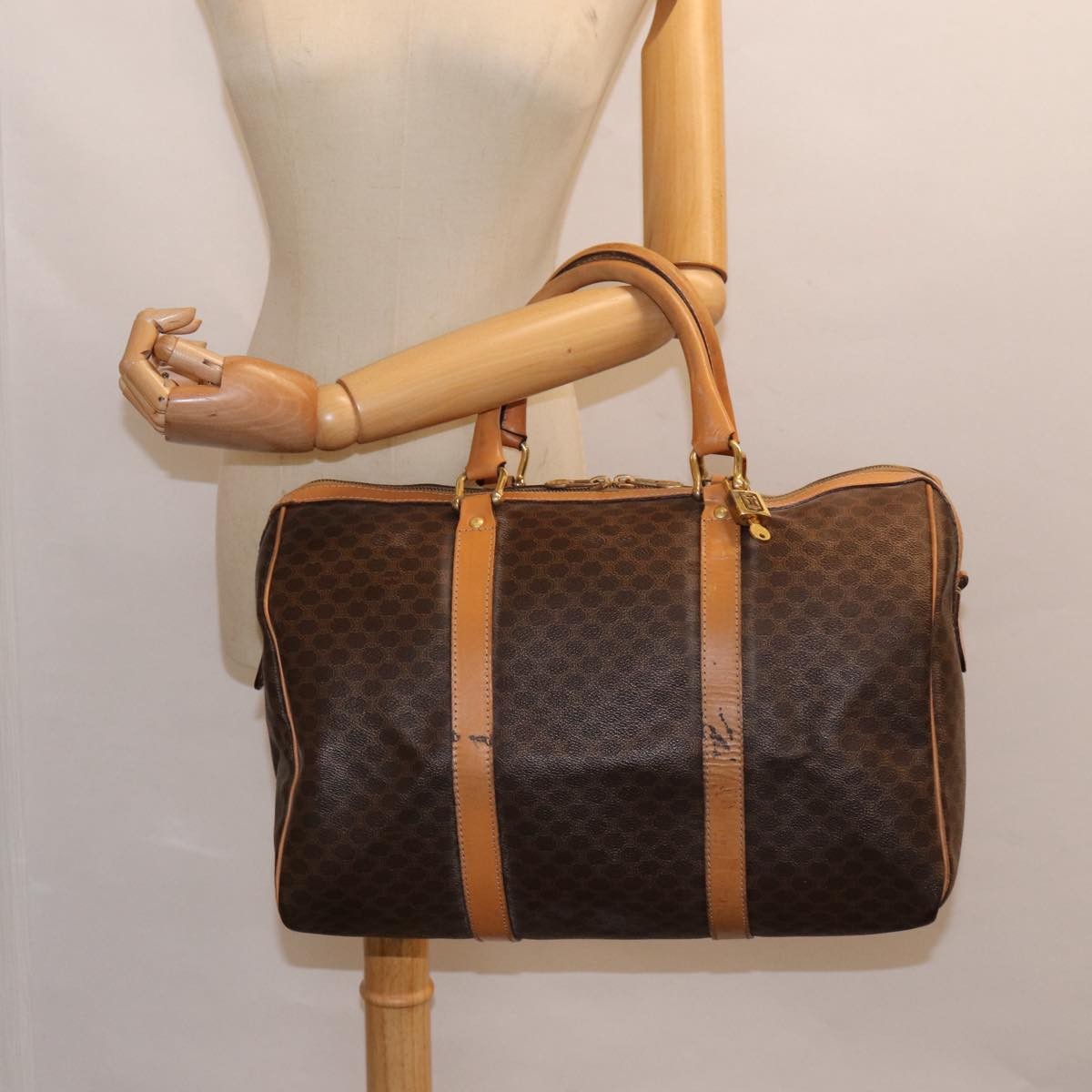 Celine Vintage Duffle Bag Macadam Coated Canvas Brown Canvas Travel Bag Bag (Pre-Owned)