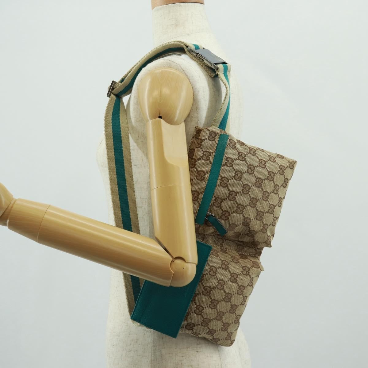 Gucci Vintage Double Belt Bag Gg Canvas With Leather Beige Canvas Shoulder Bag Bag (Pre-Owned)