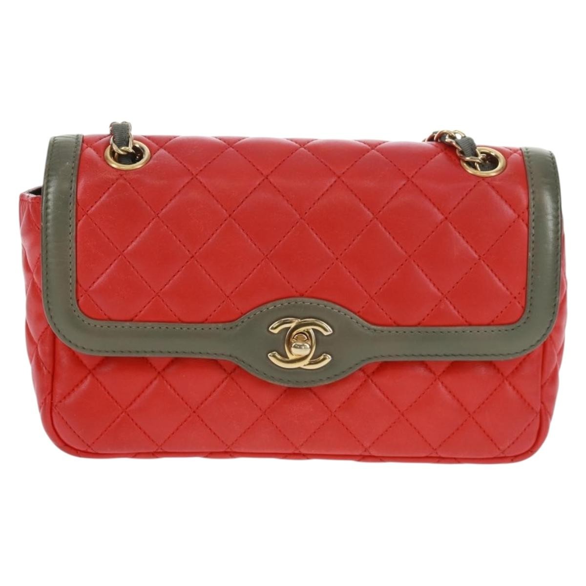 Chanel Two Tone Flap Bag Quilted Lambskin Red Leather Shoulder Bag Bag (Pre-Owned)