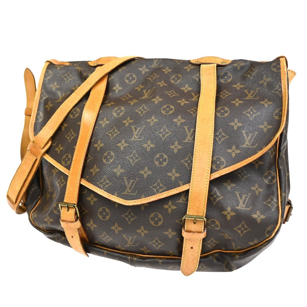 Louis Vuitton Saumur Handbag Monogram Canvas Brown Leather Shoulder Bag Bag (Pre-Owned)