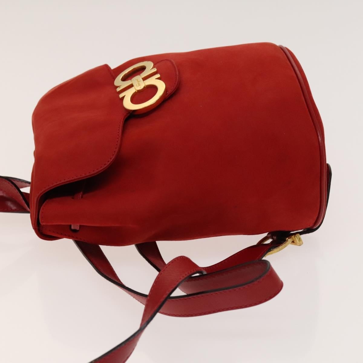 Salvatore Ferragamo Gancini Flap Drawstring Backpack Suede Red Suede Backpack Bag (Pre-Owned)