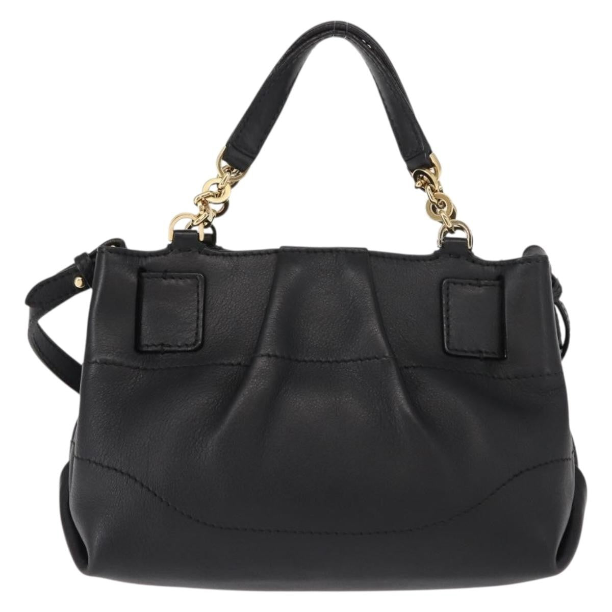 Salvatore Ferragamo W Chain Tote Leather Black Leather Handbag (Pre-Owned)