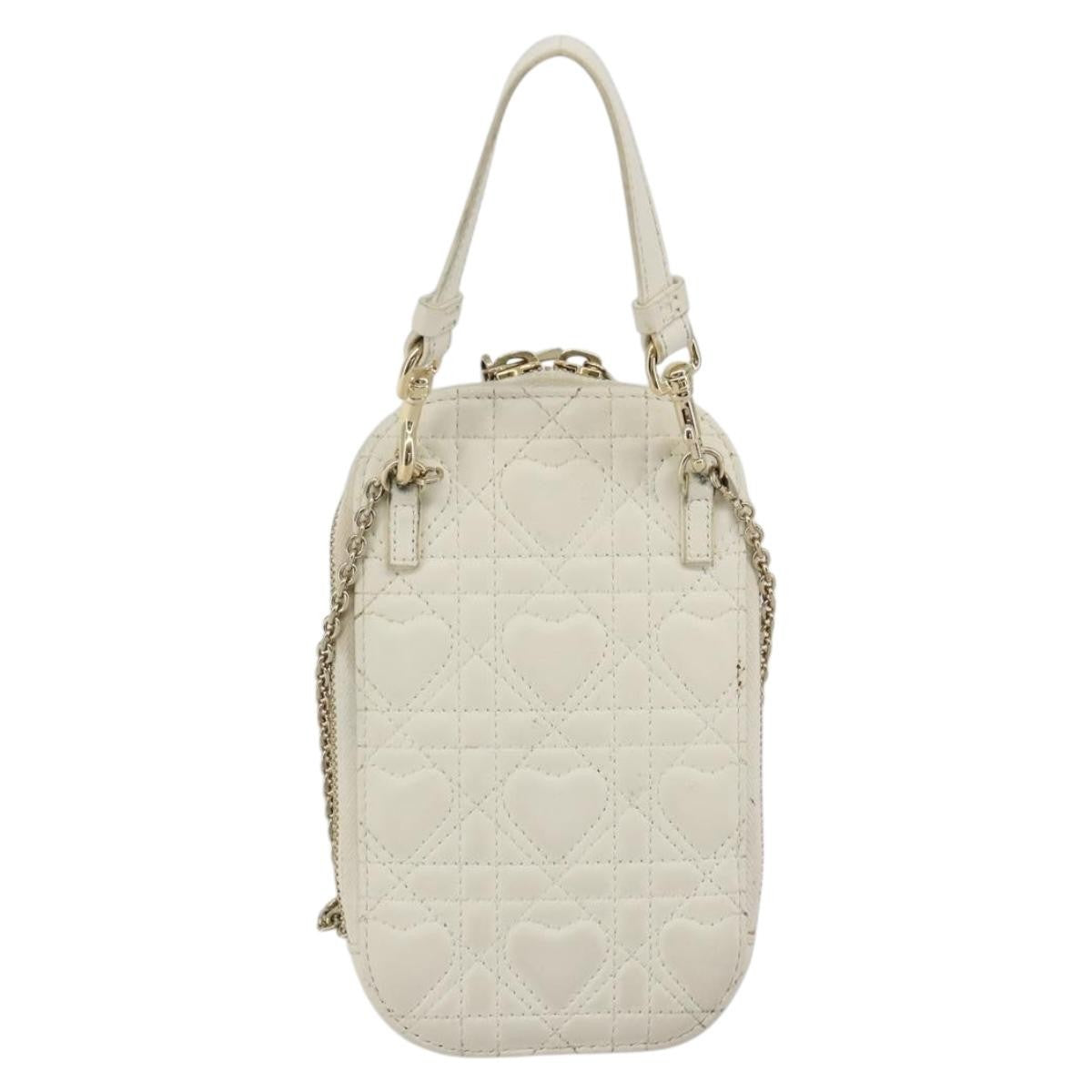 Christian Dior Lady Dior Phone Holder On Chain Cannage Quilt Lambskin White Leather Shoulder Bag Bag (Pre-Owned)