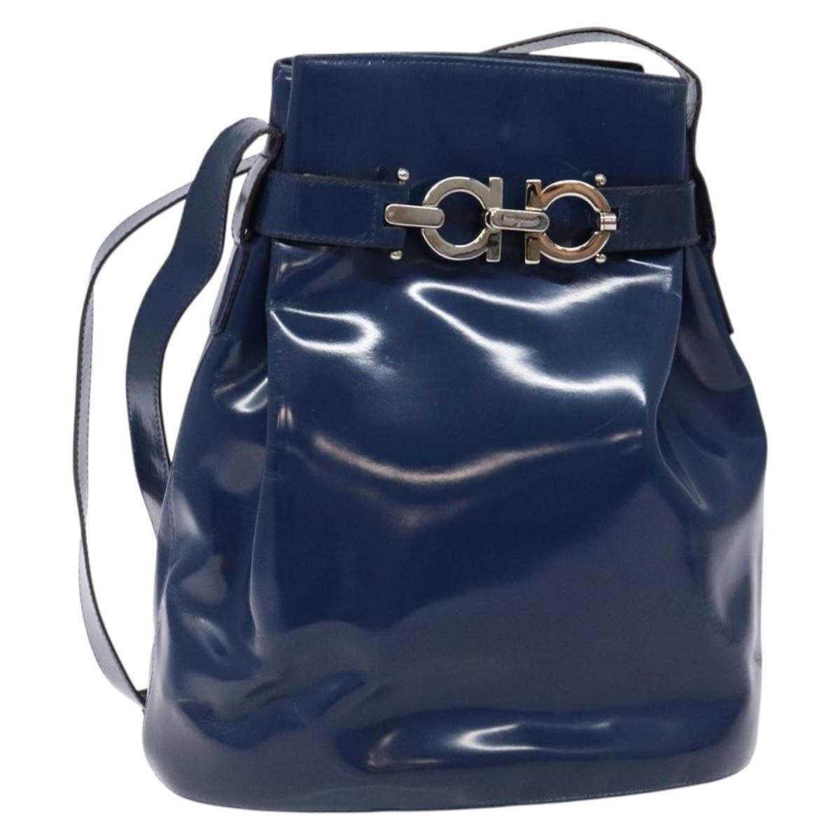 Salvatore Ferragamo Vintage Gancini Bucket Bag Patent Leather Blue Patent_Leather Shoulder Bag Bag (Pre-Owned)