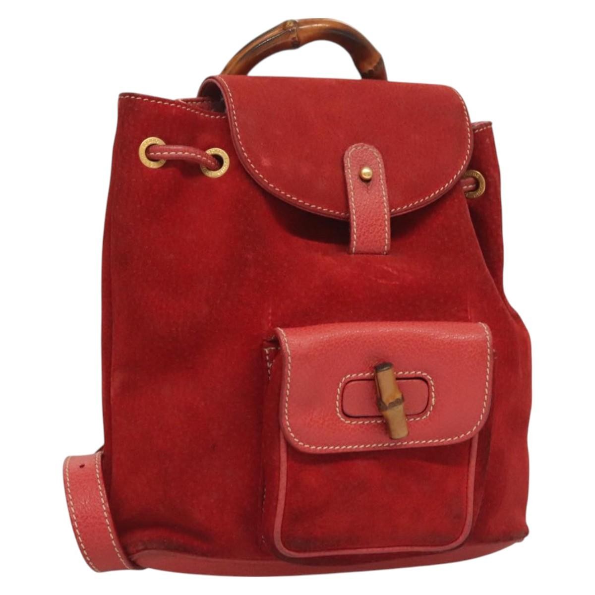Gucci Vintage Bamboo Backpack Suede Red Suede Backpack Bag (Pre-Owned)