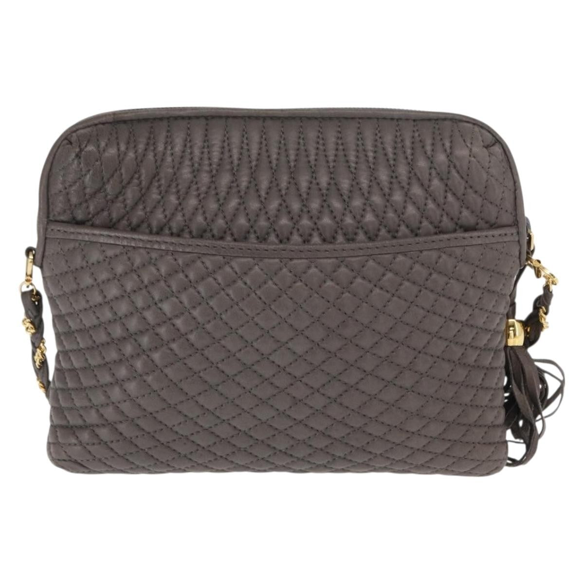 Bally Vintage Chain Shoulder Bag Quilted Leather Gray Leather Shoulder Bag Bag (Pre-Owned)