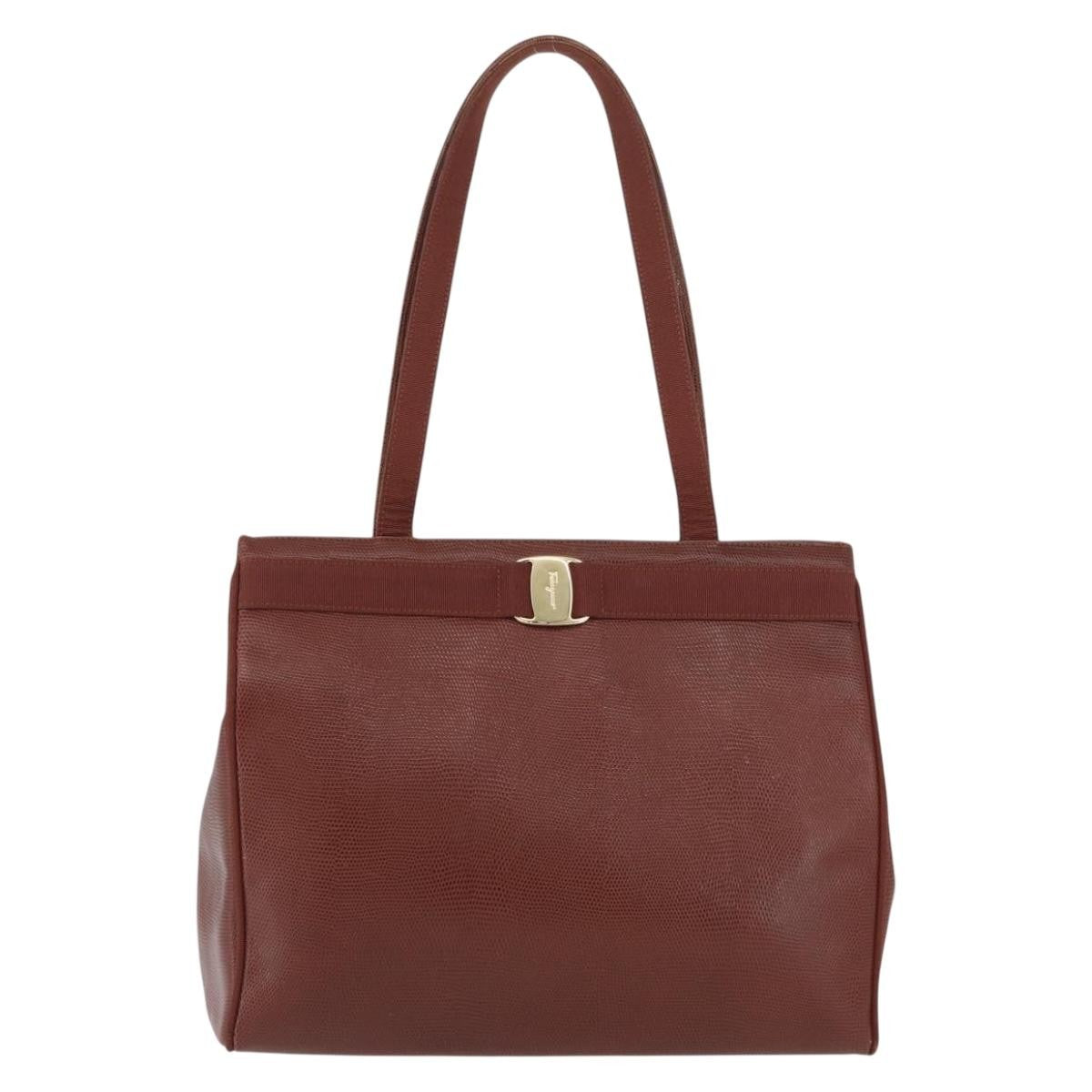 Salvatore Ferragamo Vala Tote Embossed Leather Brown Leather Tote Bag Bag (Pre-Owned)