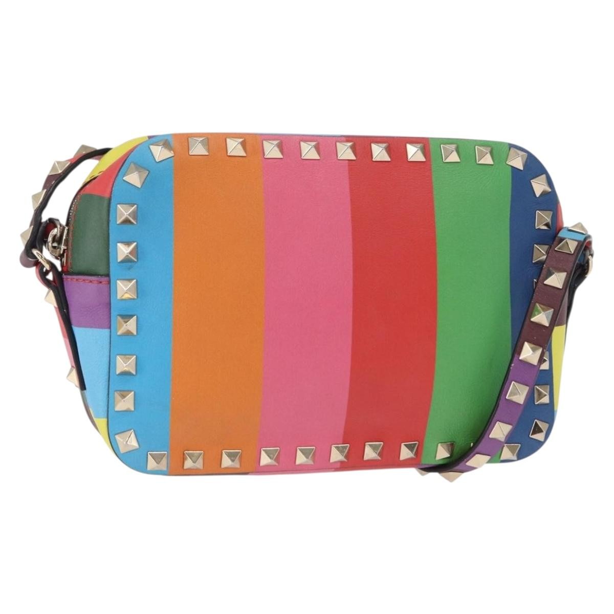 Valentino Garavani Rockstud 1973 Camera Crossbody Bag Striped Leather Gold Leather Shoulder Bag Bag (Pre-Owned)