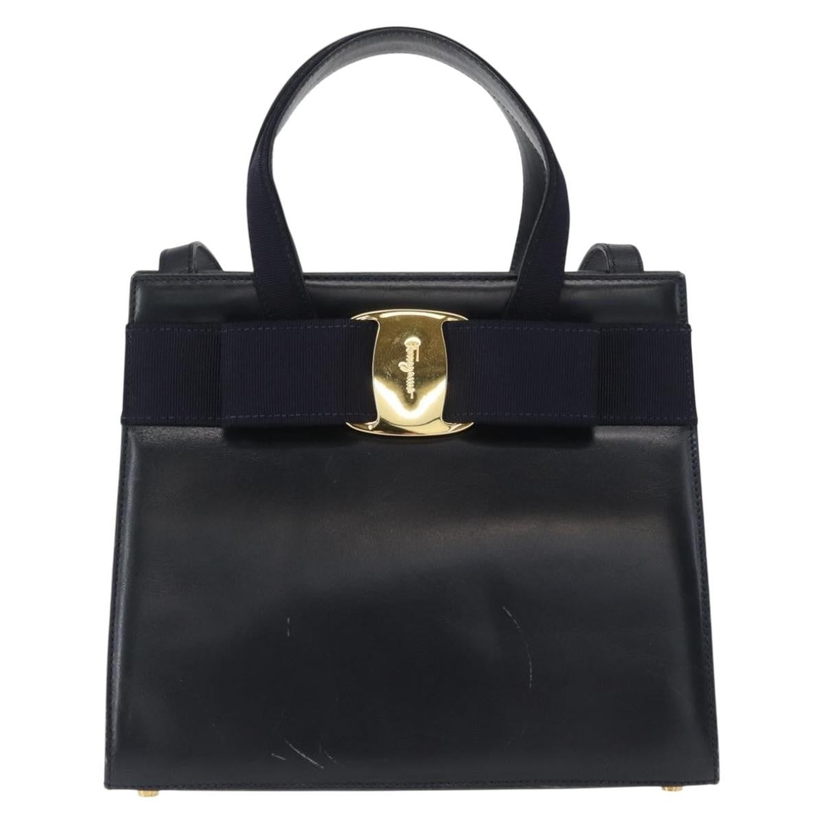 Salvatore Ferragamo Convertible Vara Bow Tote Leather Navy Leather Handbag (Pre-Owned)