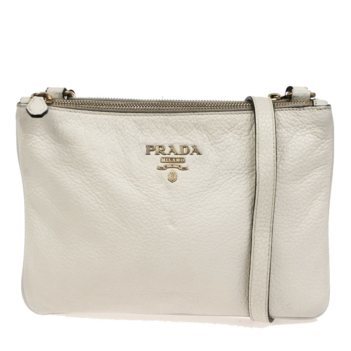 Prada Double Zip Crossbody Bag Vitello Daino White Leather Shoulder Bag Bag (Pre-Owned)