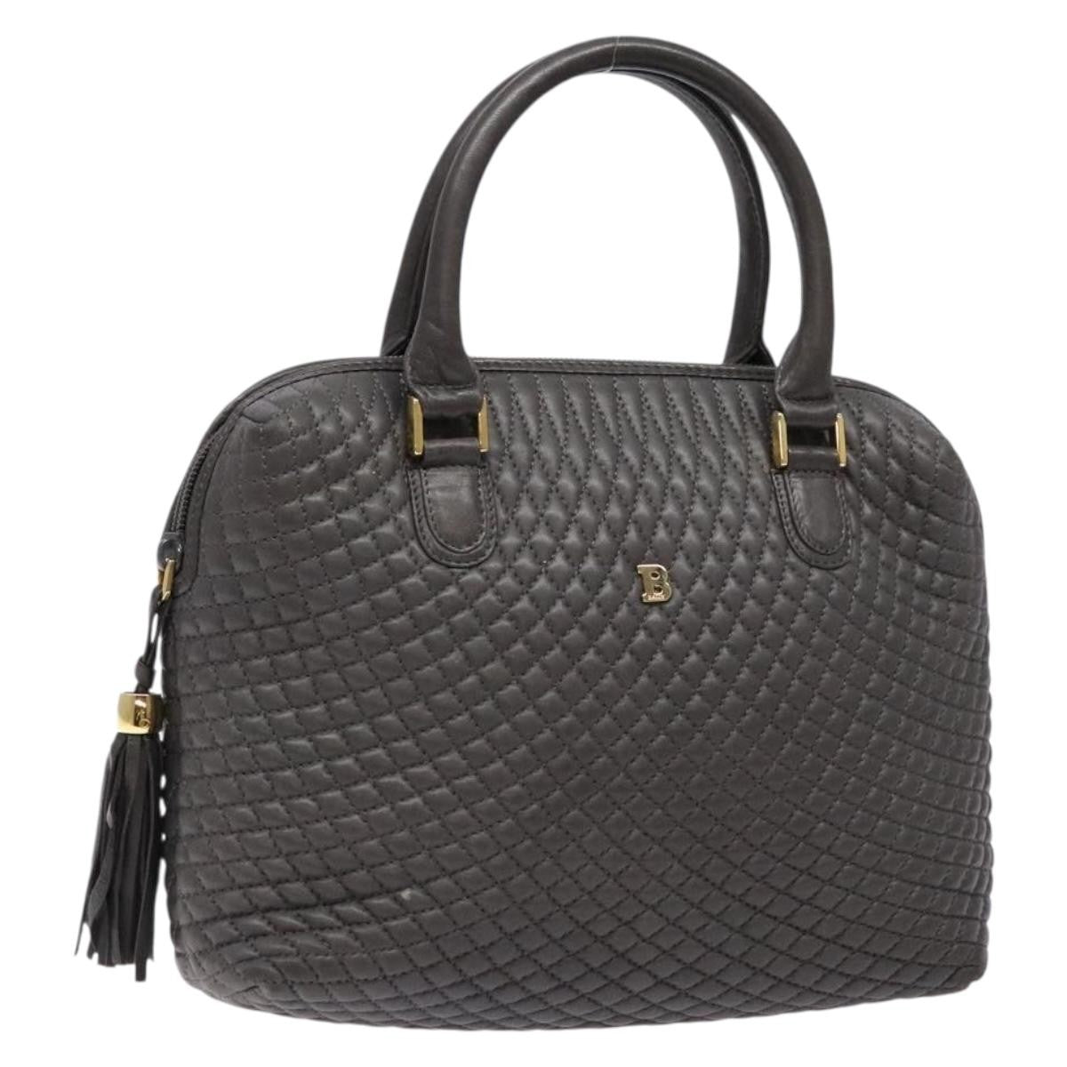 Bally Vintage Handbag Quilted Leather Gray Leather Handbag (Pre-Owned)