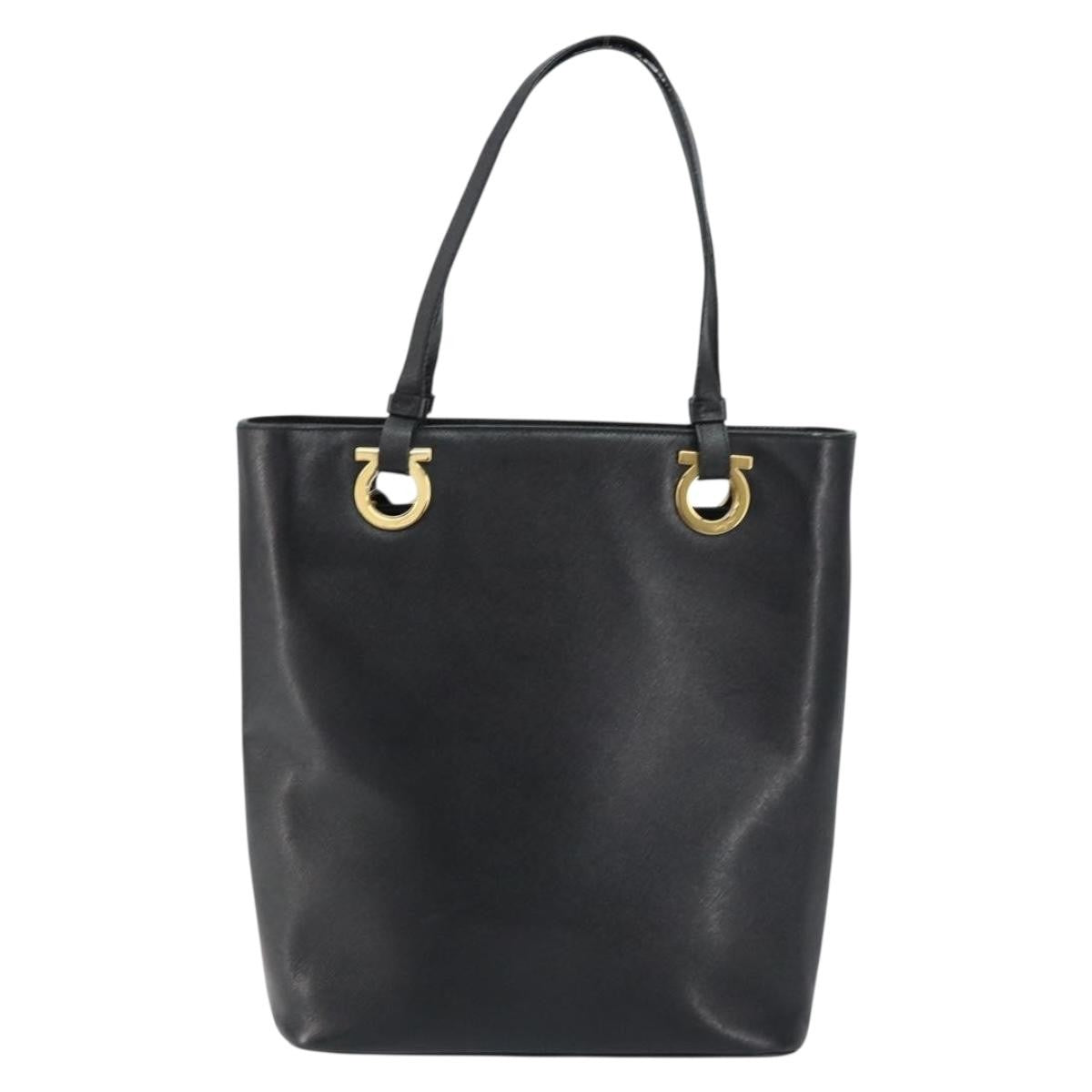 Salvatore Ferragamo Gancini Handbag Leather Black Leather Handbag (Pre-Owned)