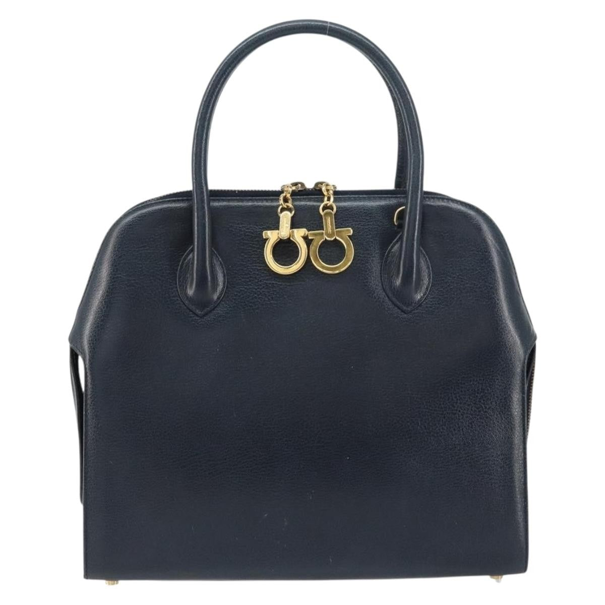 Salvatore Ferragamo Gancini Handbag Leather Navy Leather Handbag (Pre-Owned)