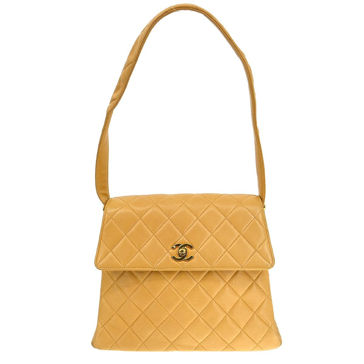 Chanel Vintage Cc Square Flap Shoulder Bag Quilted Lambskin Beige Leather Shoulder Bag Bag (Pre-Owned)