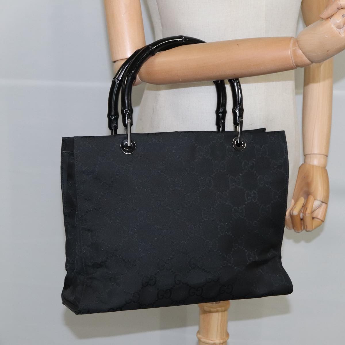 Gucci Vintage Bamboo Handle Tote Gg Nylon Black Nylon Tote Bag Bag (Pre-Owned)