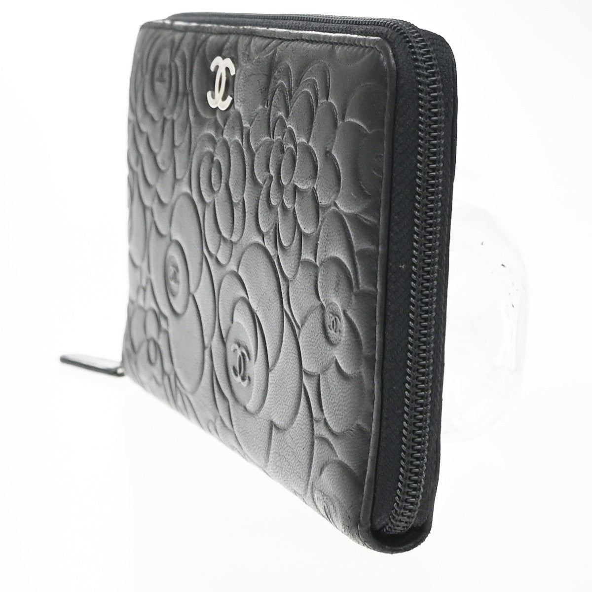 Chanel Camellia Zip Around Organizer Leather Black Leather Wallets Accessory (Pre-Owned)
