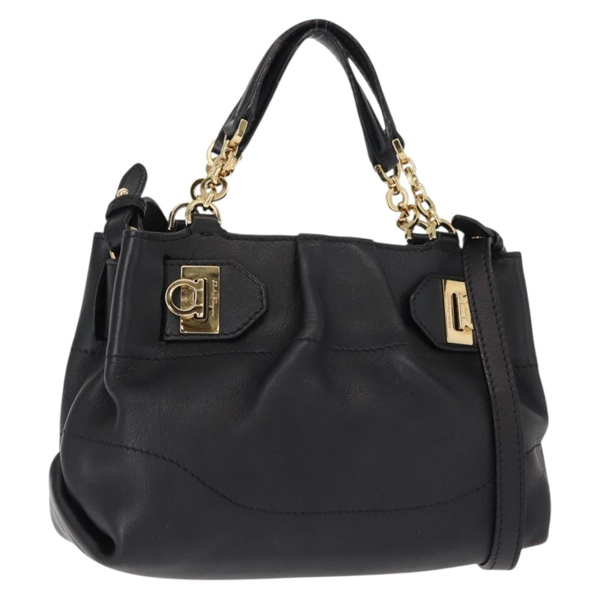 Salvatore Ferragamo W Chain Tote Leather Black Leather Handbag (Pre-Owned)