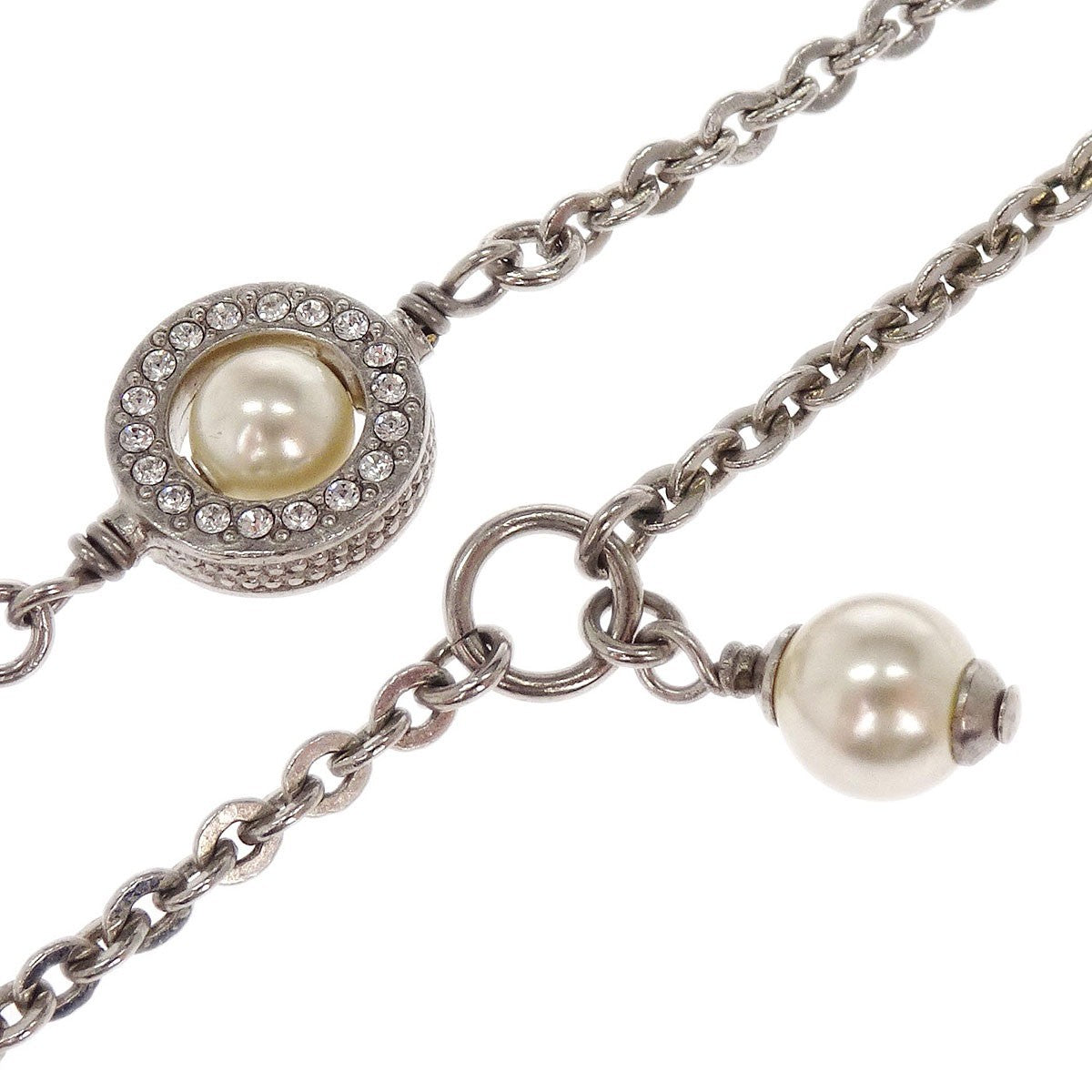 Chanel Cc Chain Necklace Metal With Faux Pearls Silver Mesh Necklace Jewelry (Pre-Owned)