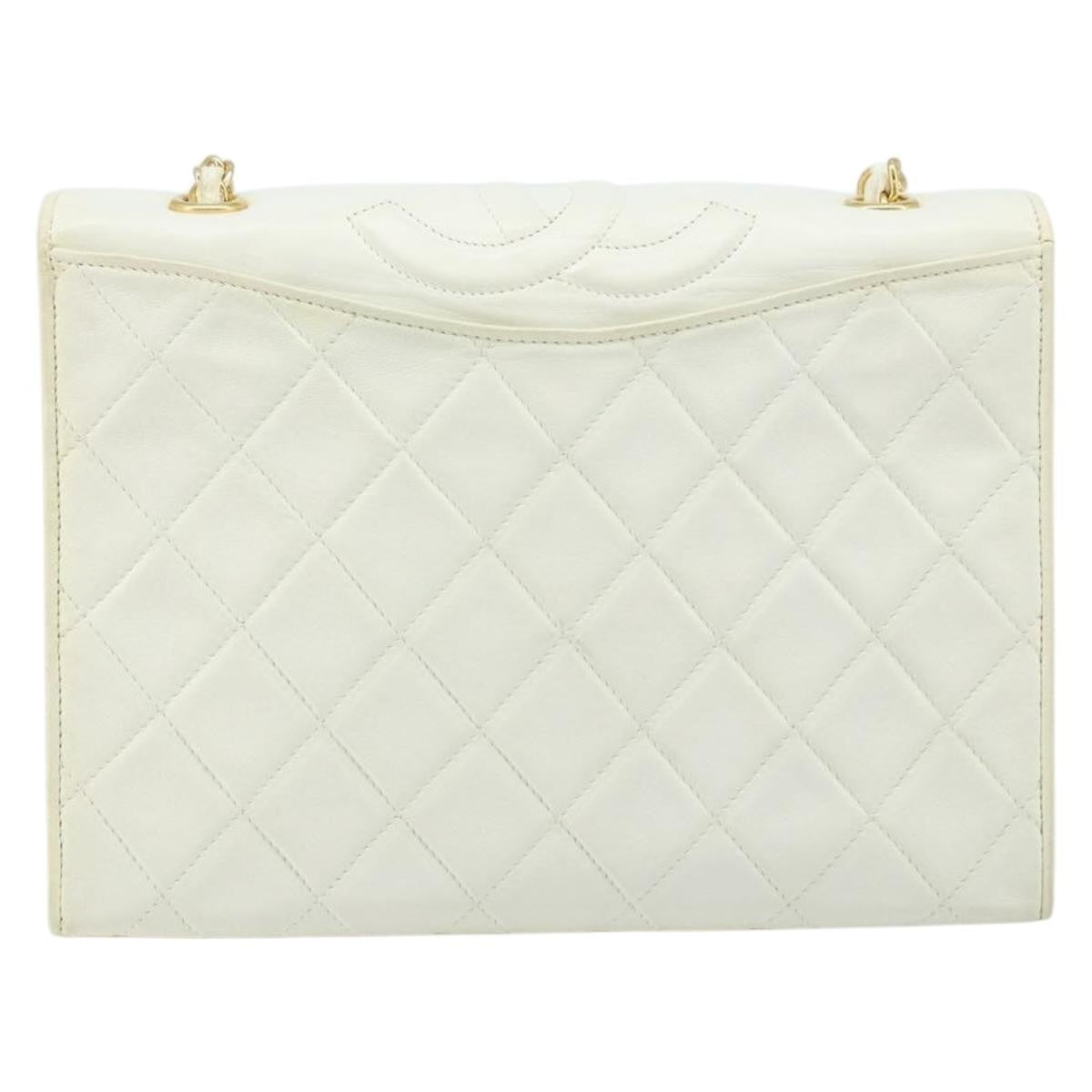 Chanel Vintage Cc Full Flap Bag Quilted Lambskin White Leather Shoulder Bag Bag (Pre-Owned)