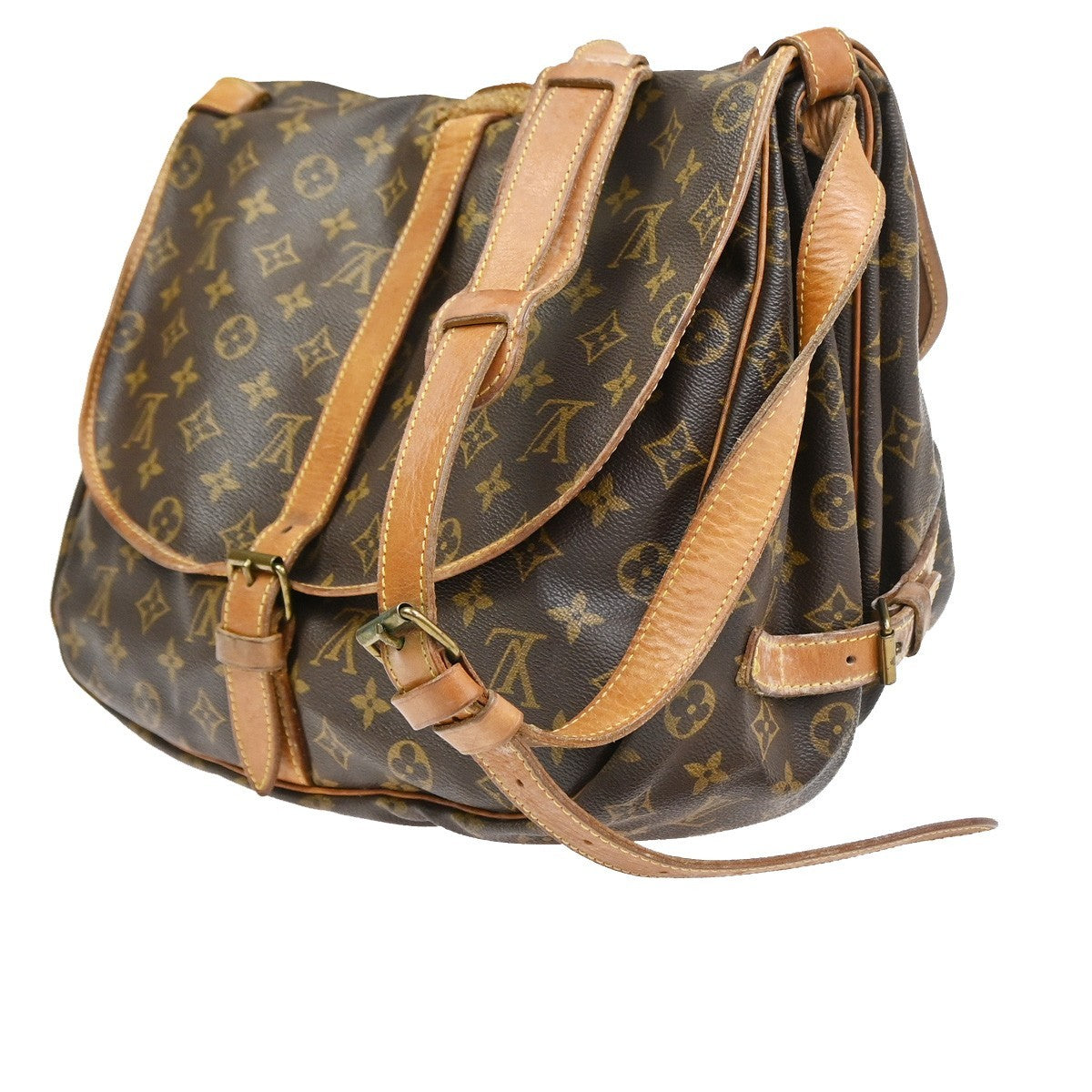 Louis Vuitton Saumur Handbag Monogram Canvas Brown Leather Shoulder Bag Bag (Pre-Owned)