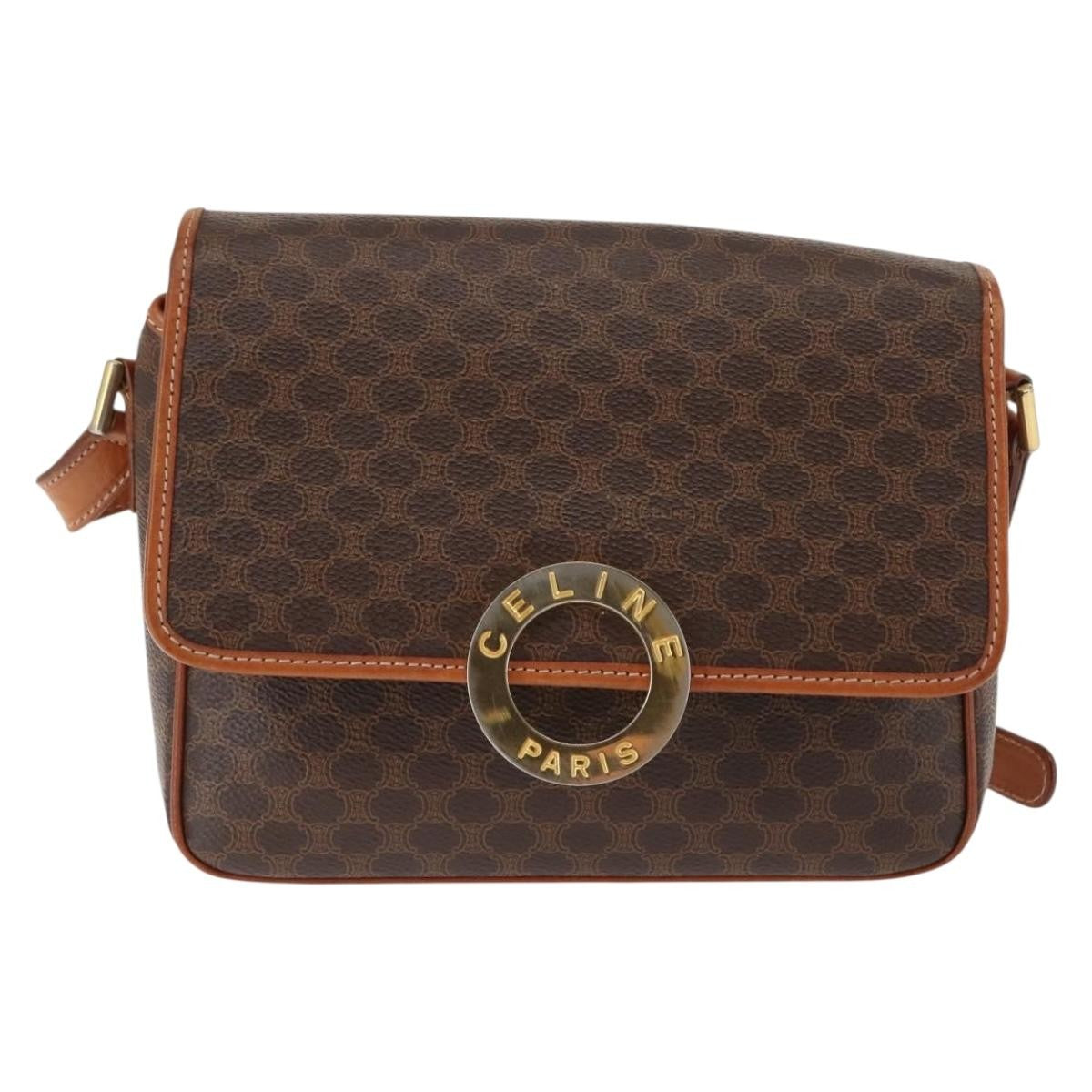 Celine Vintage Macadam Circle Logo Shoulder Bag Canvas And Leather Brown Canvas Bag (Pre-Owned)