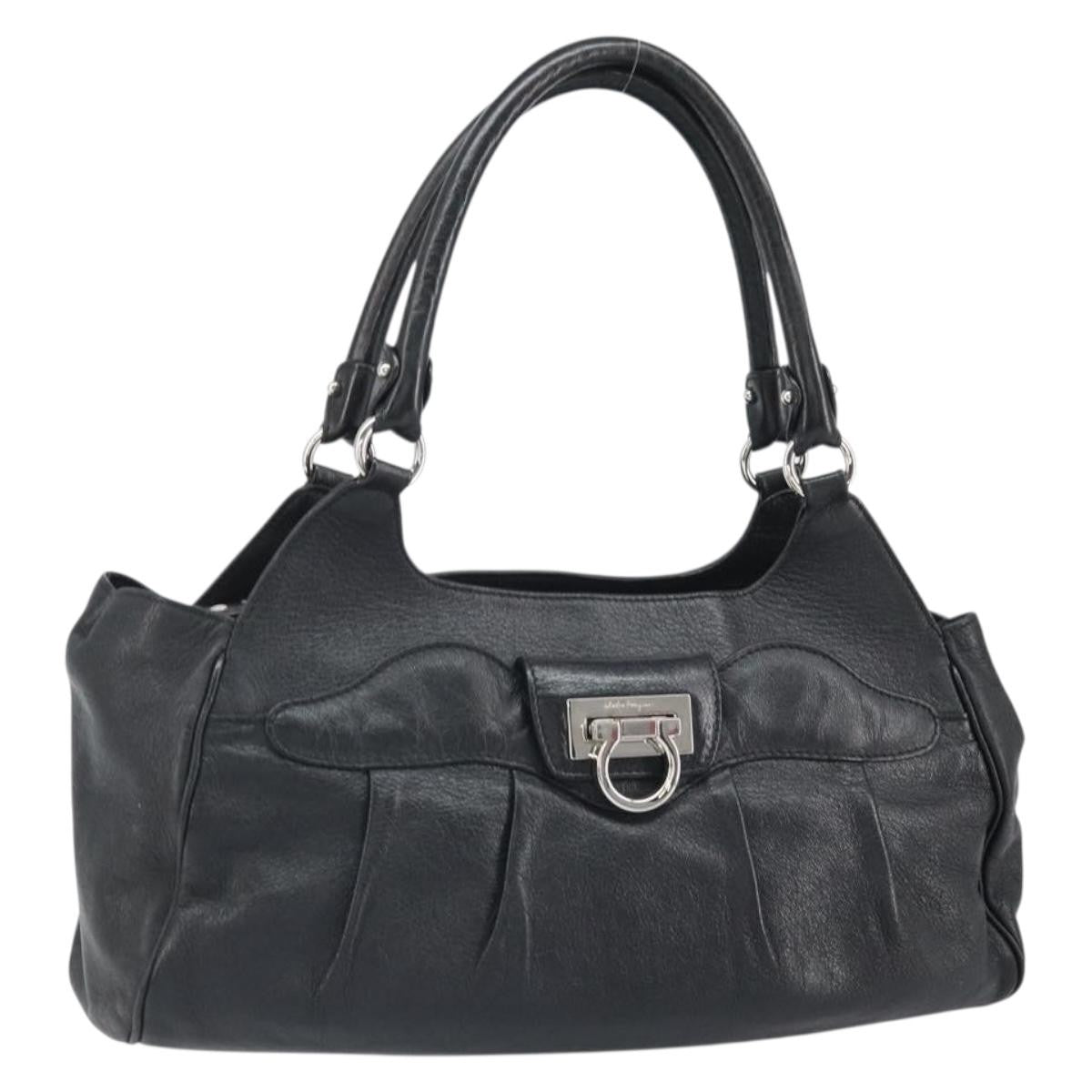 Salvatore Ferragamo Gancini Handbag Leather Black Leather Handbag (Pre-Owned)