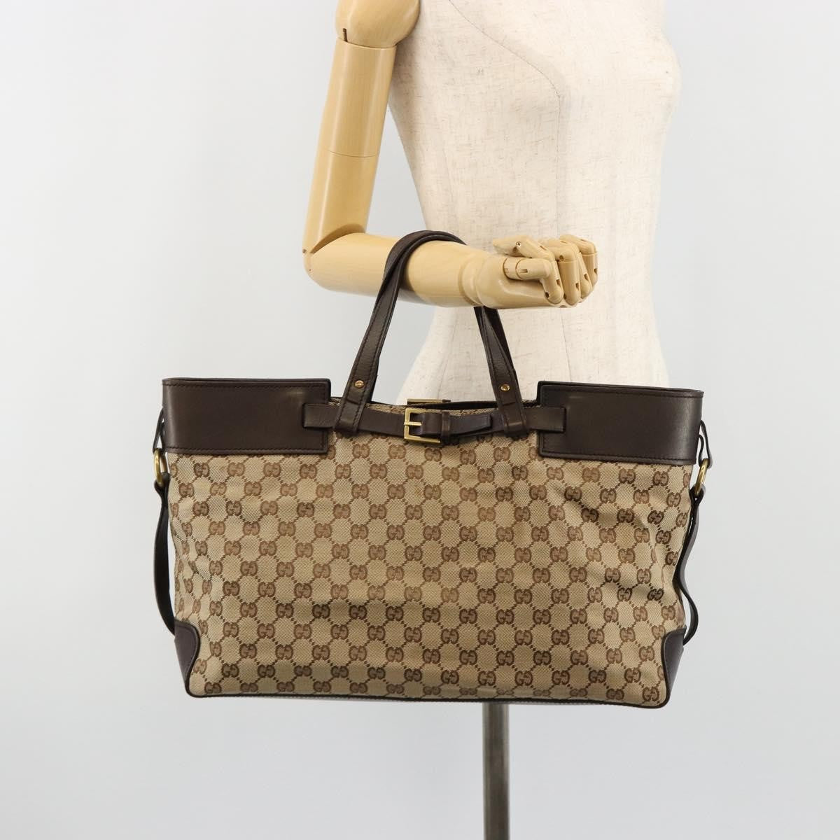 Gucci Belted Bucket Tote Gg Canvas With Leather Beige Canvas Tote Bag Bag (Pre-Owned)