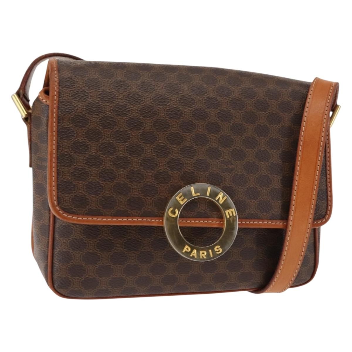 Celine Vintage Macadam Circle Logo Shoulder Bag Canvas And Leather Brown Canvas Bag (Pre-Owned)