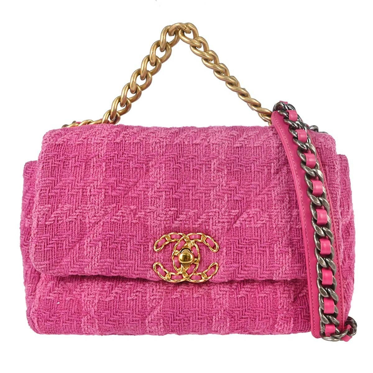 Chanel 19 Flap Bag Quilted Tweed Pink Tweed Handbag (Pre-Owned)