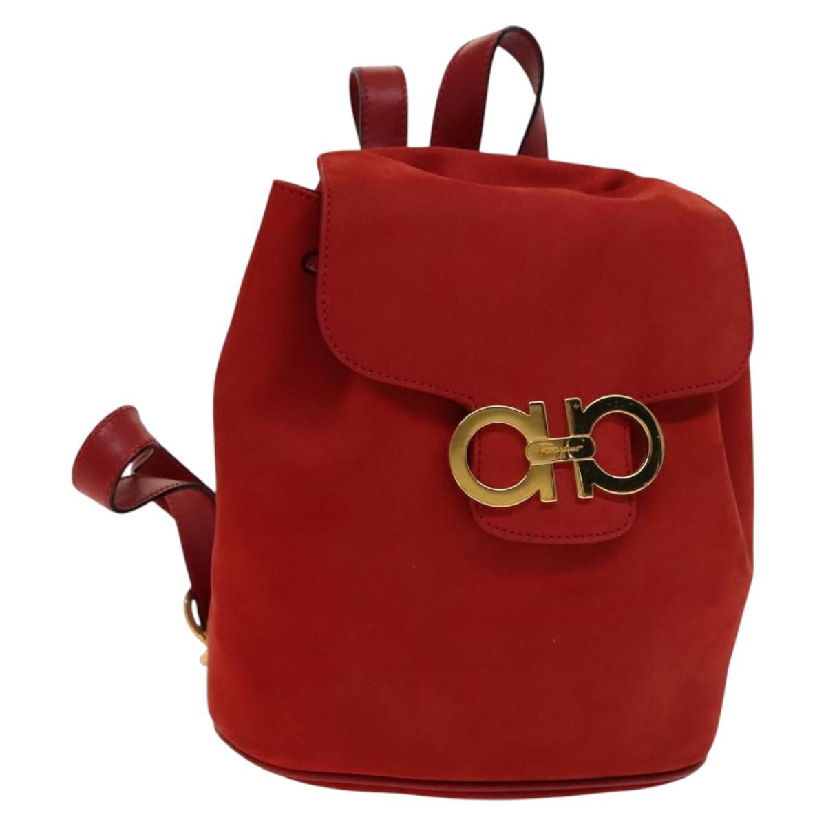 Salvatore Ferragamo Gancini Flap Drawstring Backpack Suede Red Suede Backpack Bag (Pre-Owned)