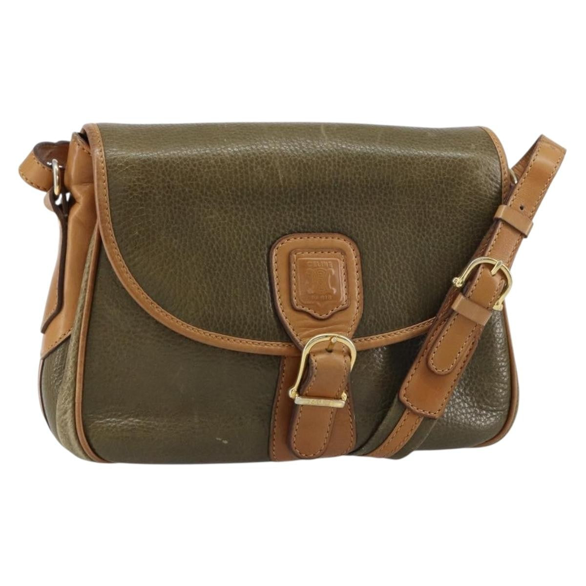 Celine Vintage Shoulder Bag Leather Khaki Leather Shoulder Bag Bag (Pre-Owned)
