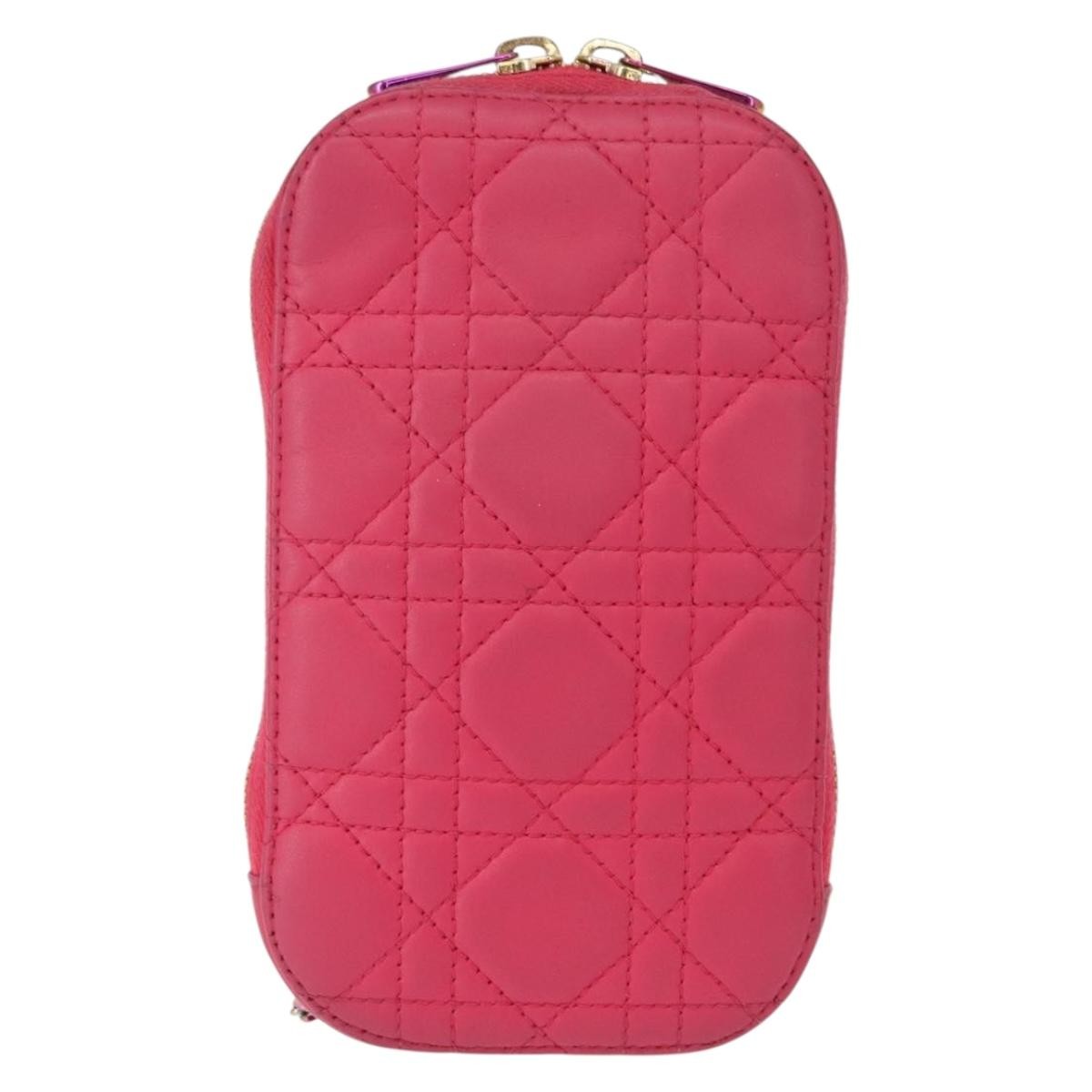 Christian Dior Lady Dior Phone Holder On Chain Cannage Quilt Lambskin Pink Leather Clutche & Pouche Bag (Pre-Owned)