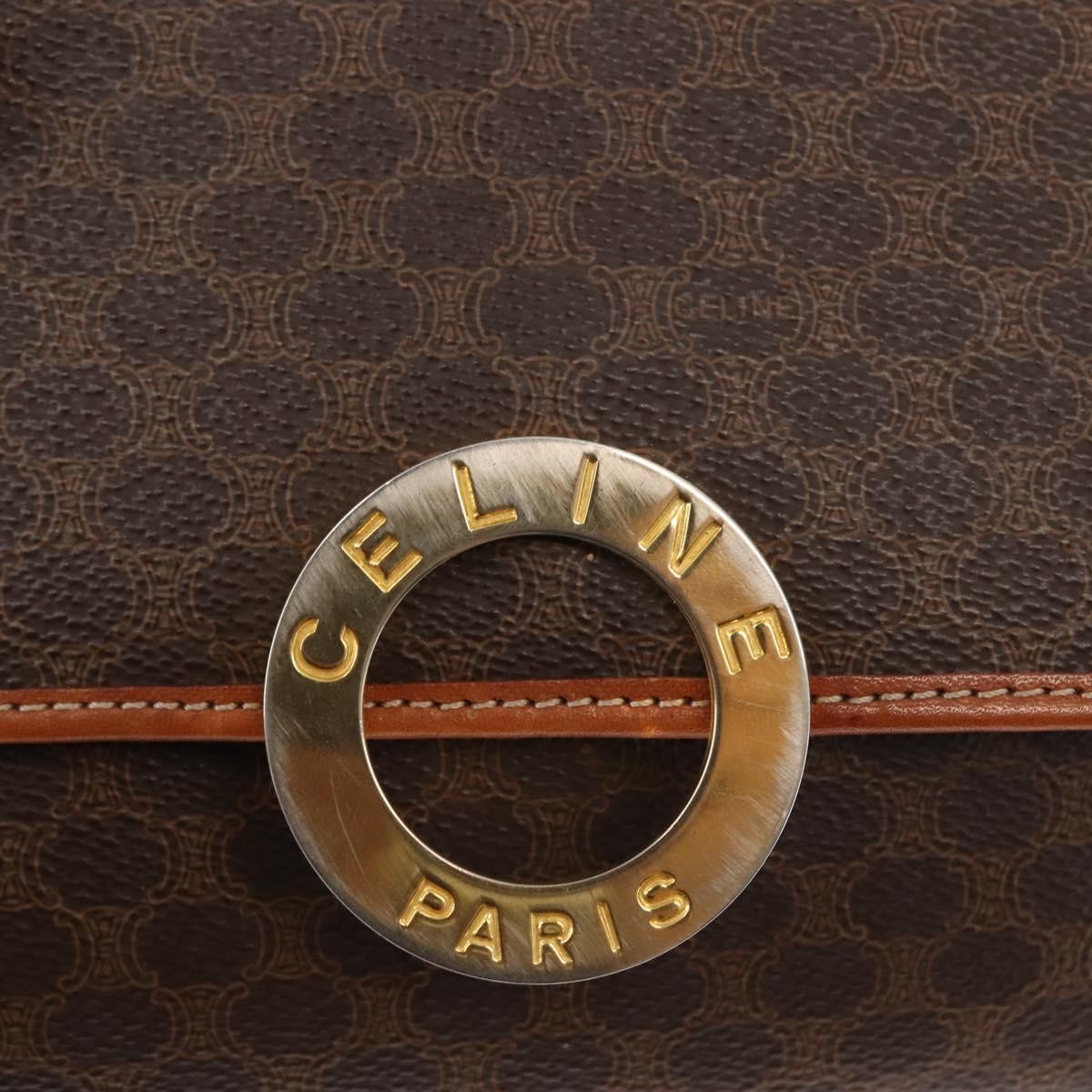 Celine Vintage Macadam Circle Logo Shoulder Bag Canvas And Leather Brown Canvas Bag (Pre-Owned)